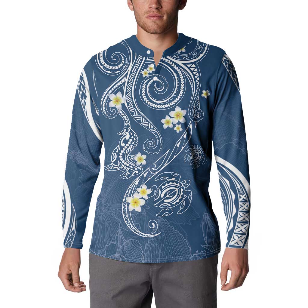 Polynesia Tribal Button Sweatshirt Deep Blue Plumeria Tentacles LT7 - Polynesian Pride
