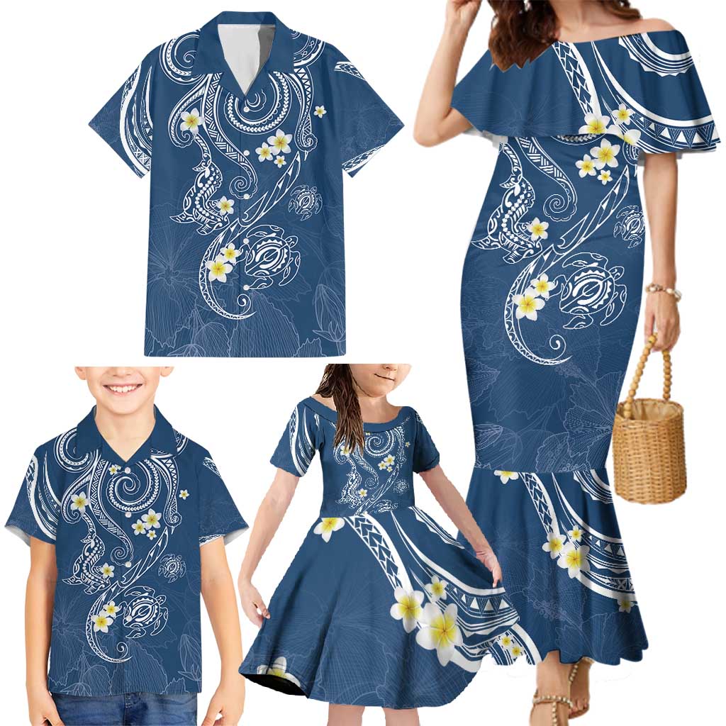 Polynesia Tribal Family Matching Mermaid Dress and Hawaiian Shirt Deep Blue Plumeria Tentacles