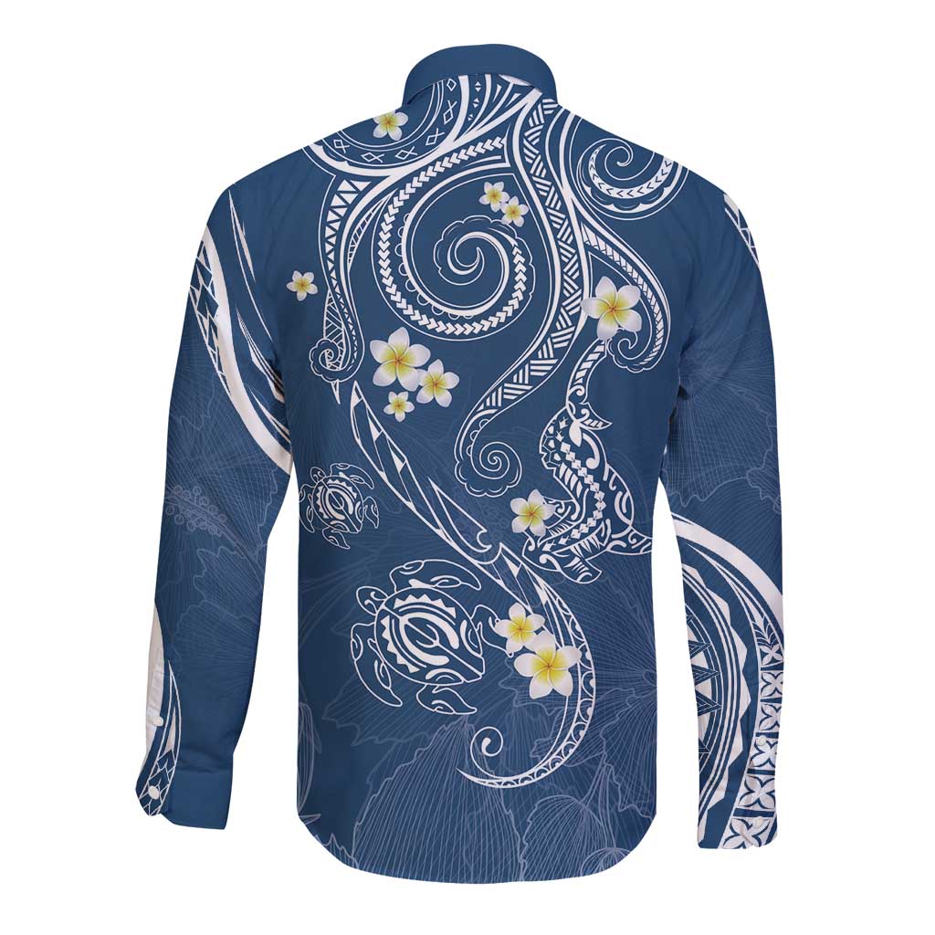 Polynesia Tribal Long Sleeve Button Shirt Deep Blue Plumeria Tentacles LT7 - Polynesian Pride