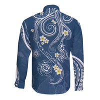 Polynesia Tribal Long Sleeve Button Shirt Deep Blue Plumeria Tentacles LT7 - Polynesian Pride