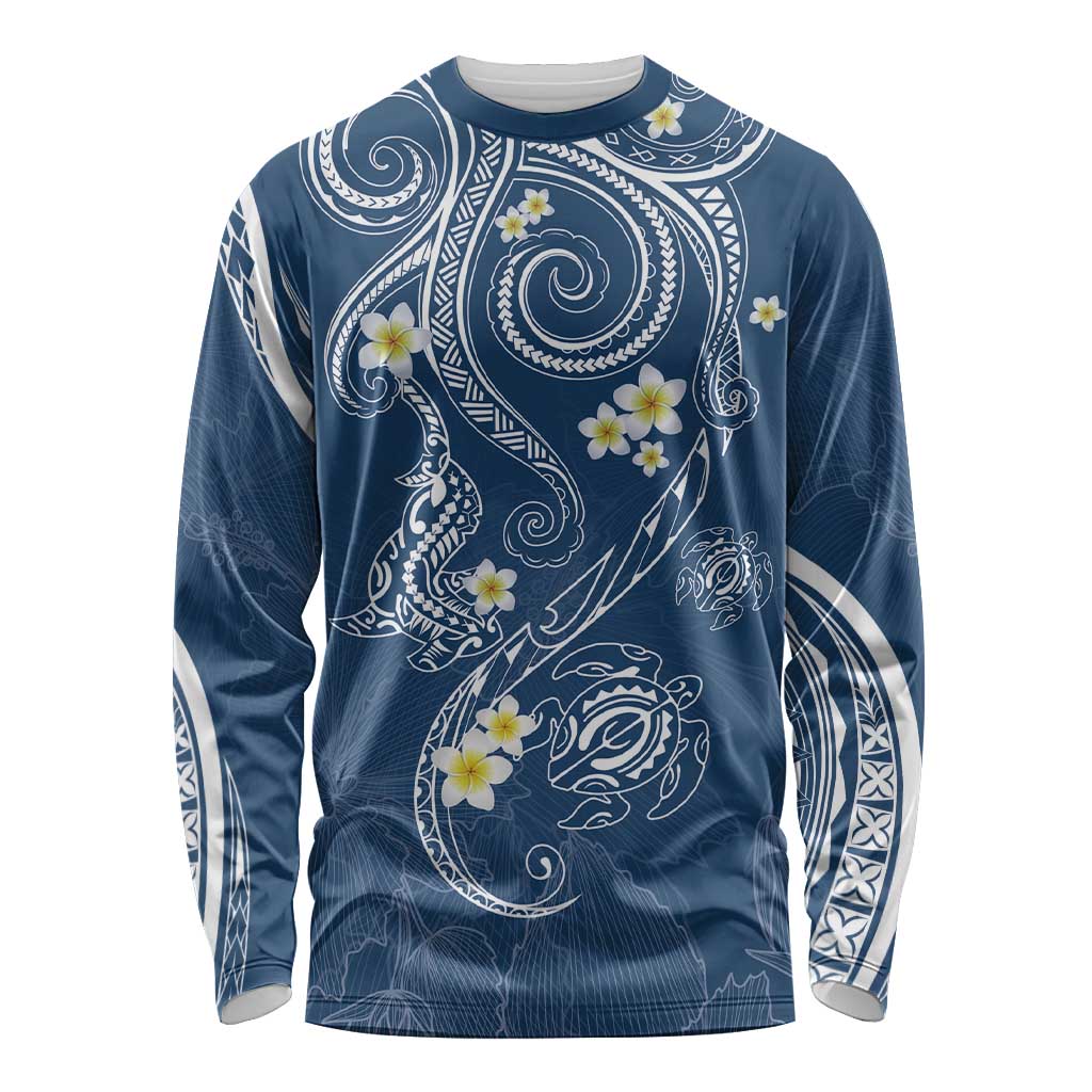 Polynesia Tribal Long Sleeve Shirt Deep Blue Plumeria Tentacles LT7 Unisex Blue - Polynesian Pride