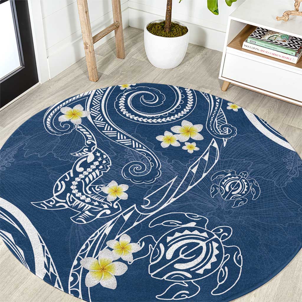 Polynesia Tribal Round Carpet Deep Blue Plumeria Tentacles