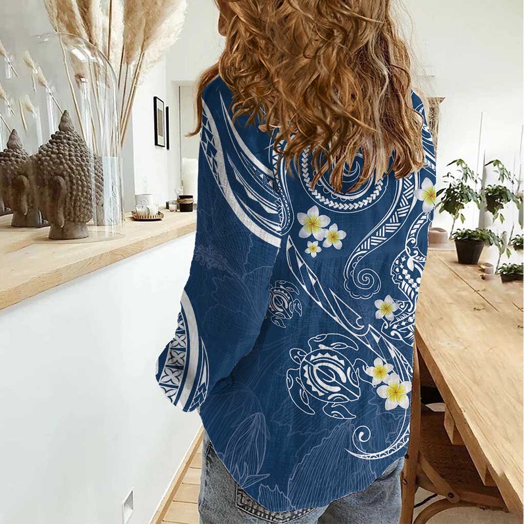 Polynesia Tribal Women Casual Shirt Deep Blue Plumeria Tentacles LT7 - Polynesian Pride