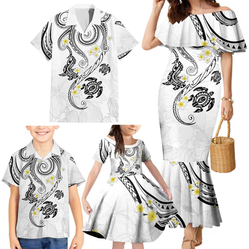 Polynesia Tribal Family Matching Mermaid Dress and Hawaiian Shirt White Plumeria Tentacles