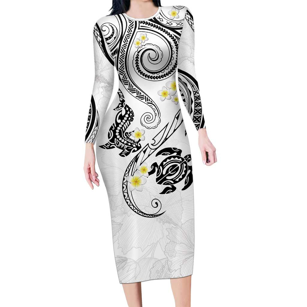 Polynesia Tribal Long Sleeve Bodycon Dress White Plumeria Tentacles