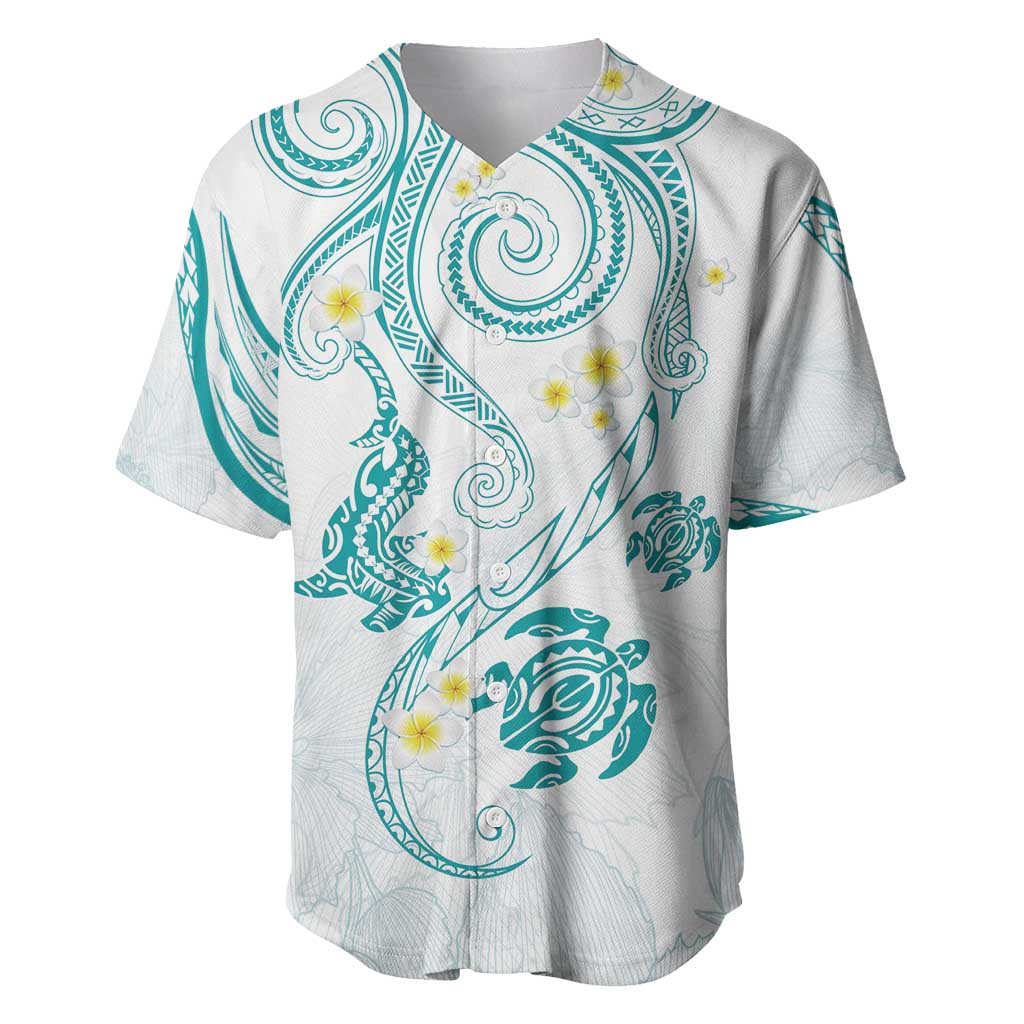 Polynesia Tribal Baseball Jersey Teal Plumeria Tentacles