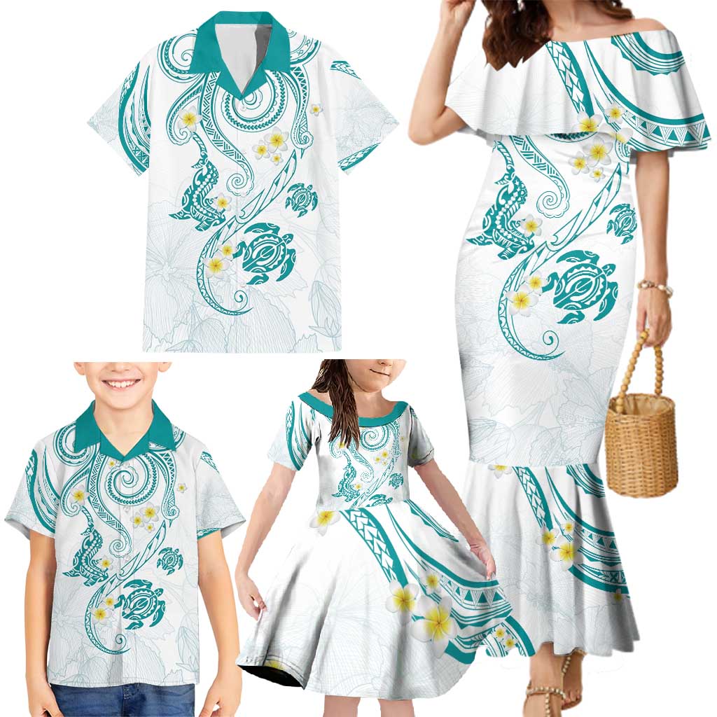 Polynesia Tribal Family Matching Mermaid Dress and Hawaiian Shirt Teal Plumeria Tentacles