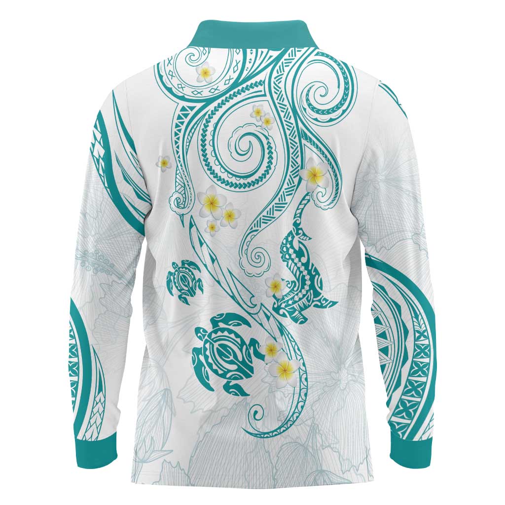 Polynesia Tribal Long Sleeve Polo Shirt Teal Plumeria Tentacles LT7 - Polynesian Pride