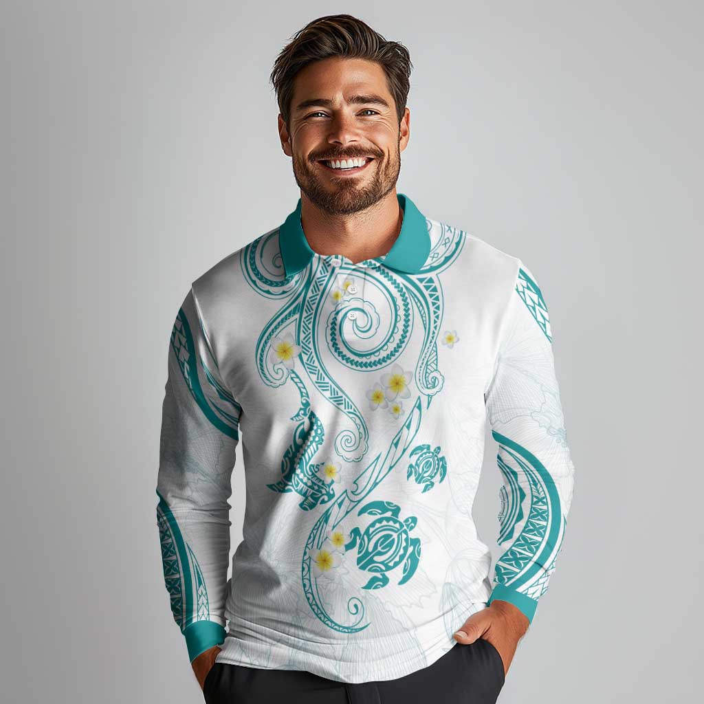 Polynesia Tribal Long Sleeve Polo Shirt Teal Plumeria Tentacles LT7 - Polynesian Pride