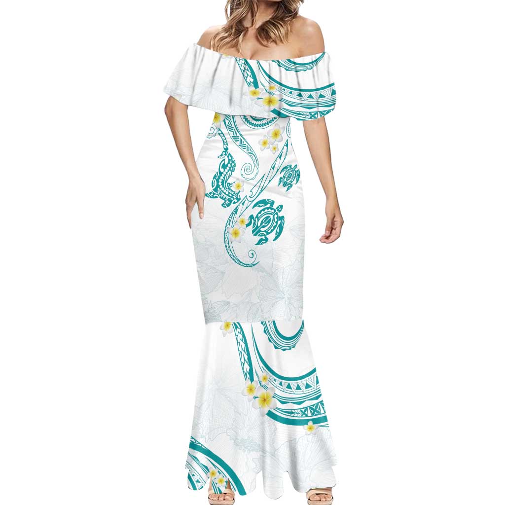Polynesia Tribal Mermaid Dress Teal Plumeria Tentacles LT7 - Polynesian Pride