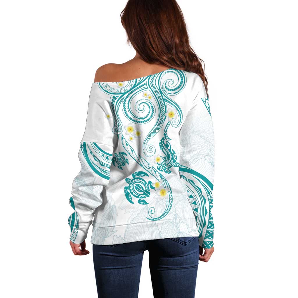 Polynesia Tribal Off Shoulder Sweater Teal Plumeria Tentacles LT7 - Polynesian Pride