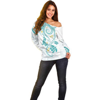 Polynesia Tribal Off Shoulder Sweater Teal Plumeria Tentacles LT7 - Polynesian Pride