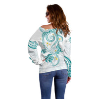 Polynesia Tribal Off Shoulder Sweater Teal Plumeria Tentacles LT7 - Polynesian Pride
