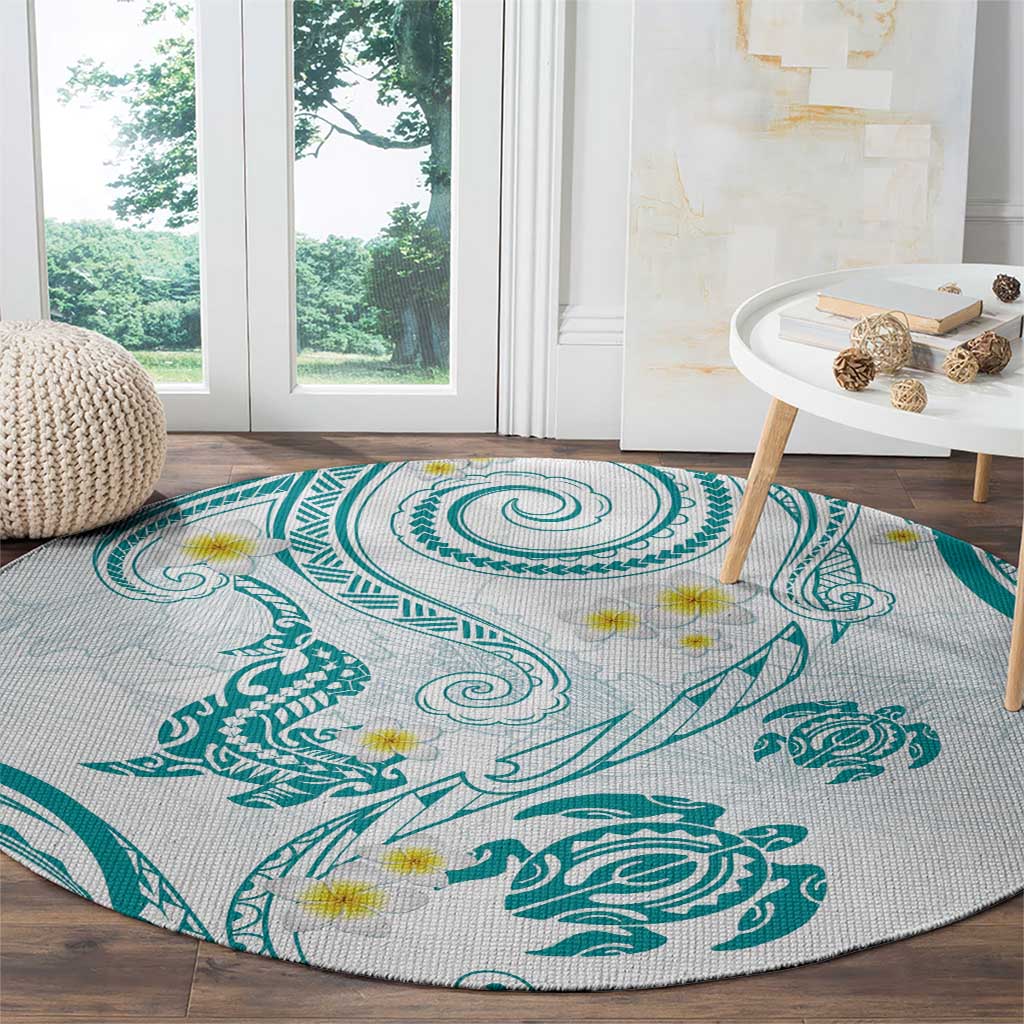 Polynesia Tribal Round Carpet Teal Plumeria Tentacles LT7 - Polynesian Pride