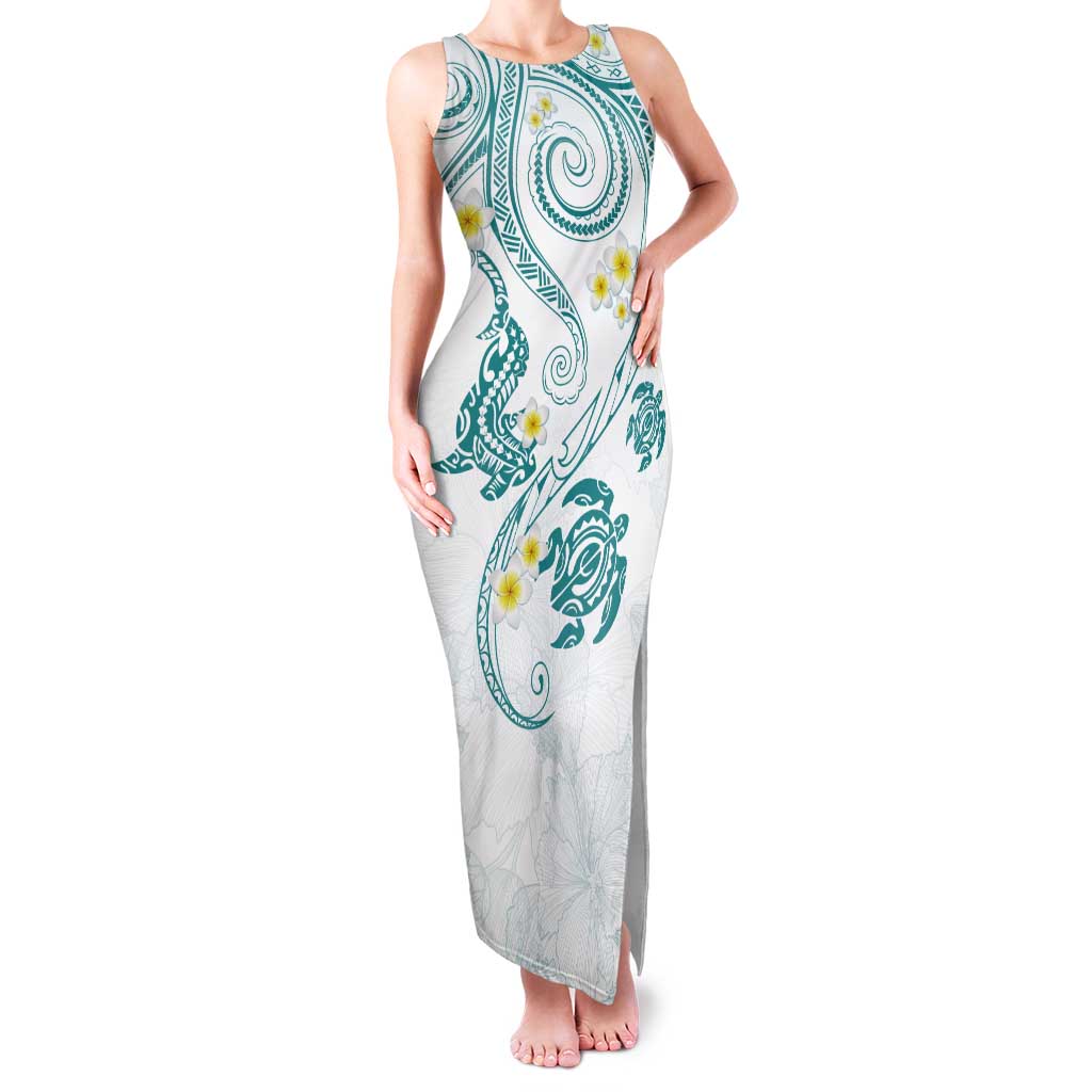 Polynesia Tribal Tank Maxi Dress Teal Plumeria Tentacles