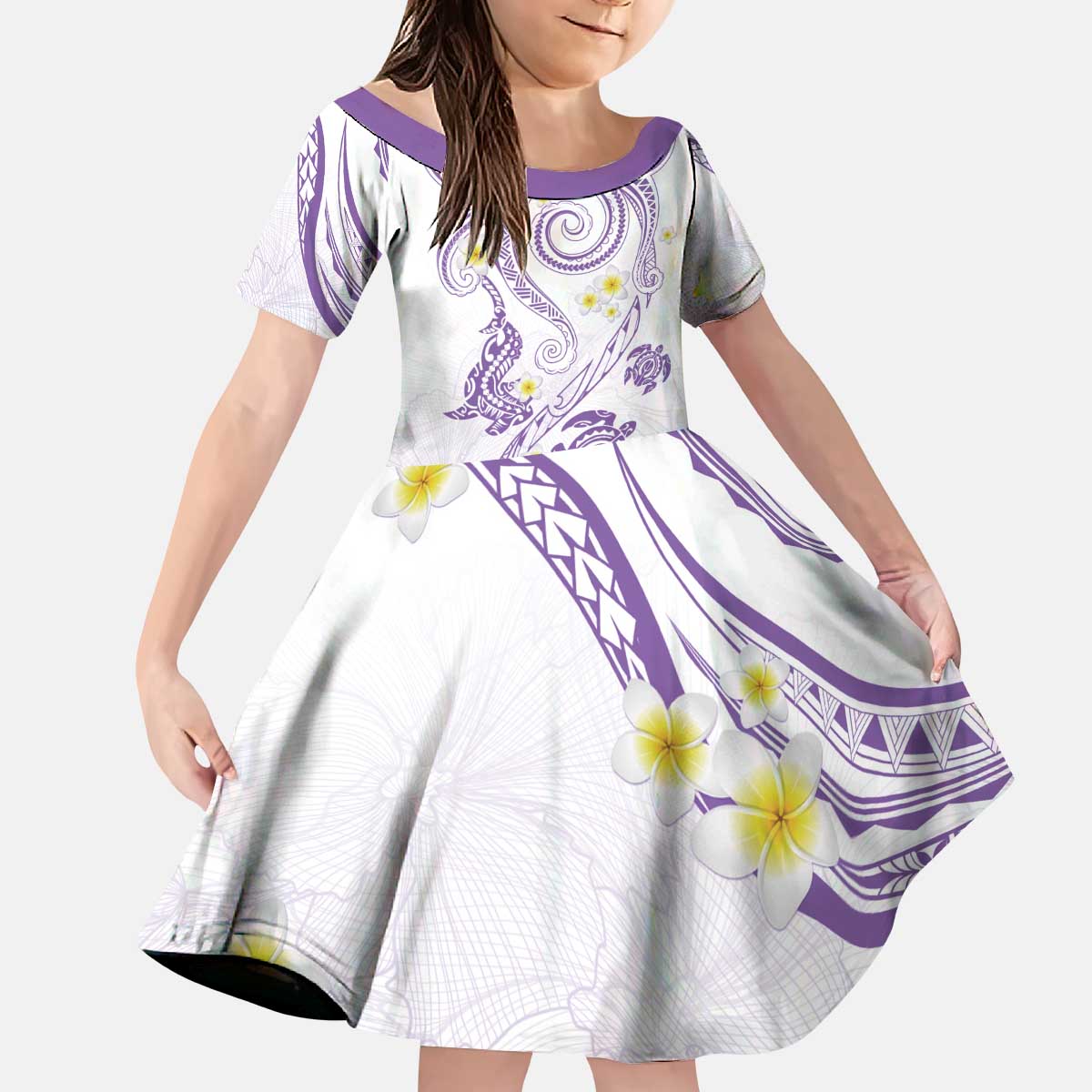 Polynesia Tribal Kid Short Sleeve Dress Lilac Plumeria Tentacles LT7 KID Lilac - Polynesian Pride