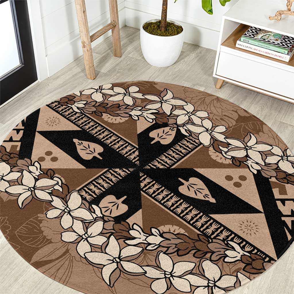 Bula Fiji Plumeria Tagimoucia Salusalu Mocha Round Carpet Kaiviti Masi LT7 Mocha - Polynesian Pride