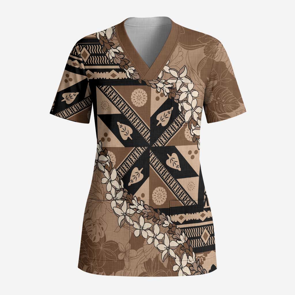 Bula Fiji Plumeria Tagimoucia Salusalu Mocha Scrub Top Kaiviti Masi LT7 Adult Mocha - Polynesian Pride