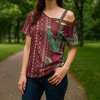 Women's Day Samoa Malu Tattoo Inspired Mix Teuila Cross Shoulder Shirt Scarlet LT7 - Polynesian Pride