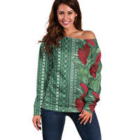 Women's Day Samoa Malu Tattoo Inspired Mix Teuila Off Shoulder Sweater Sage Green LT7 Women Sage Green - Polynesian Pride