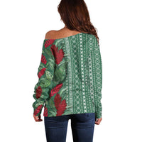 Women's Day Samoa Malu Tattoo Inspired Mix Teuila Off Shoulder Sweater Sage Green LT7 - Polynesian Pride