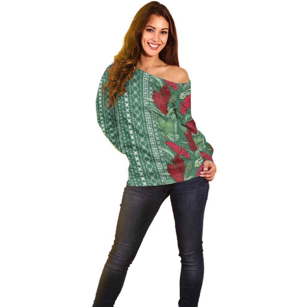 Women's Day Samoa Malu Tattoo Inspired Mix Teuila Off Shoulder Sweater Sage Green LT7 - Polynesian Pride