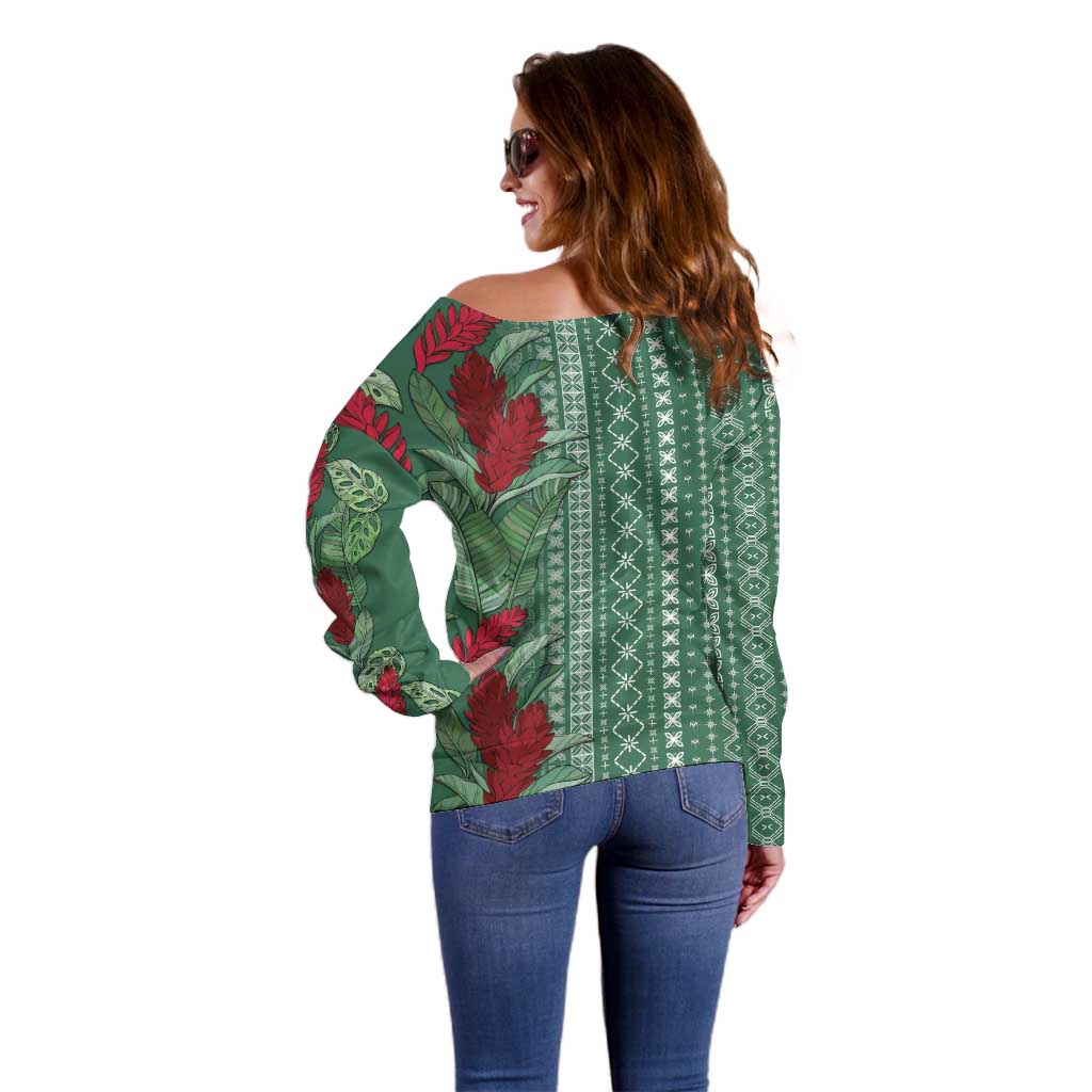 Women's Day Samoa Malu Tattoo Inspired Mix Teuila Off Shoulder Sweater Sage Green LT7 - Polynesian Pride
