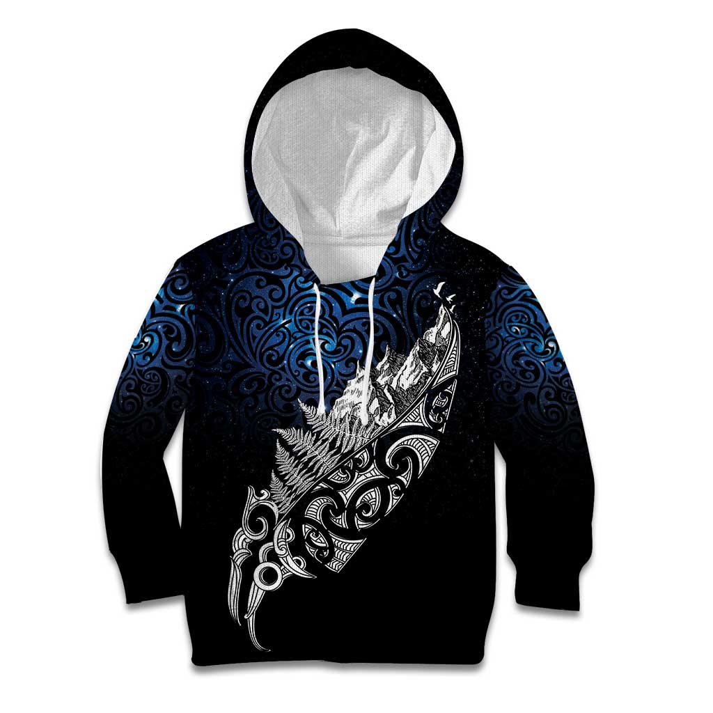 Maori Matariki Kid Hoodie Landscape Styled Fern - Galaxy LT7 Hoodie Black - Polynesian Pride