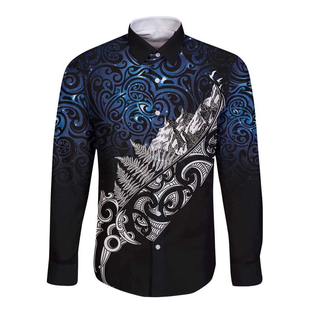 Maori Matariki Long Sleeve Button Shirt Landscape Styled Fern - Galaxy LT7 Unisex Black - Polynesian Pride
