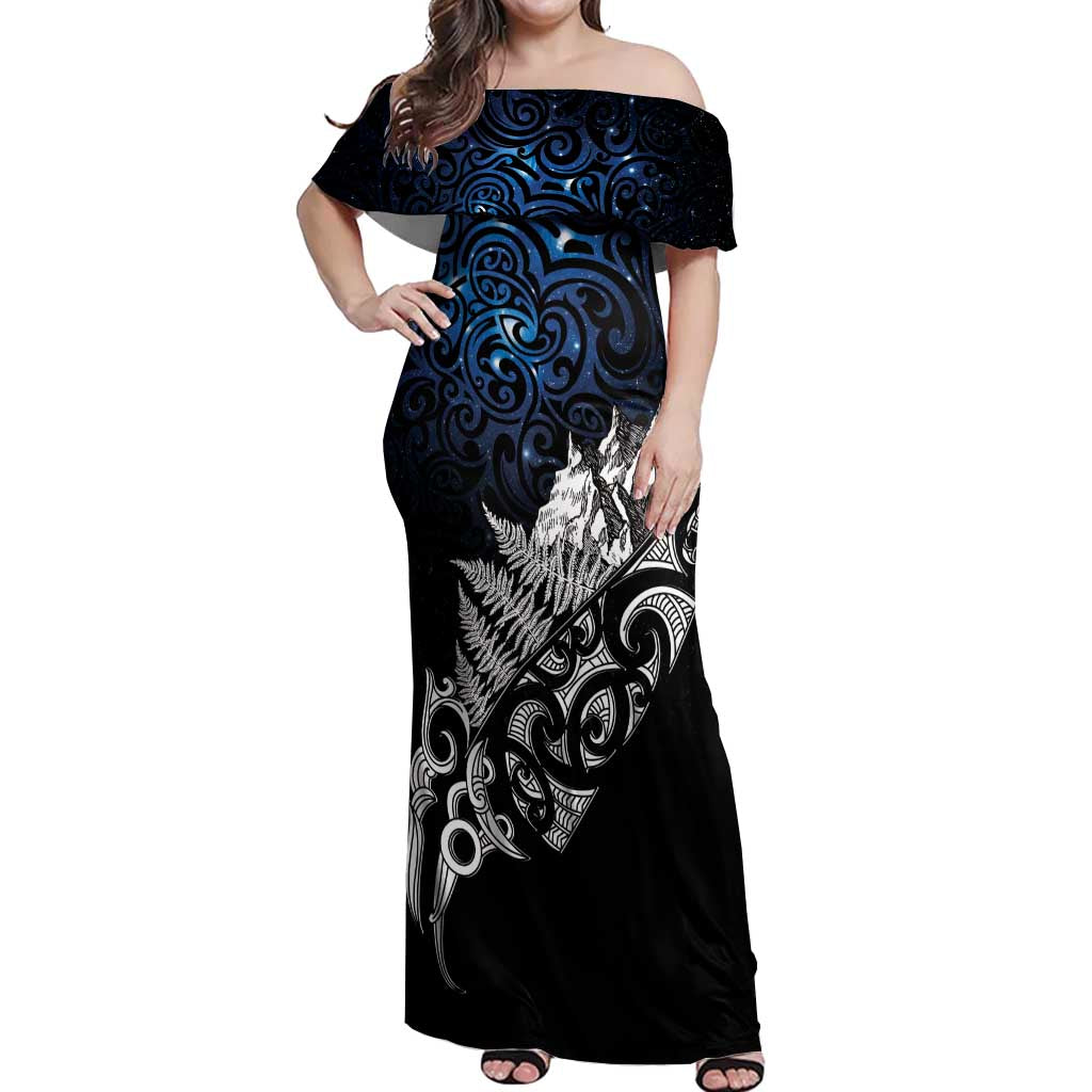 Maori Matariki Off Shoulder Maxi Dress Landscape Styled Fern - Galaxy LT7 Women Black - Polynesian Pride
