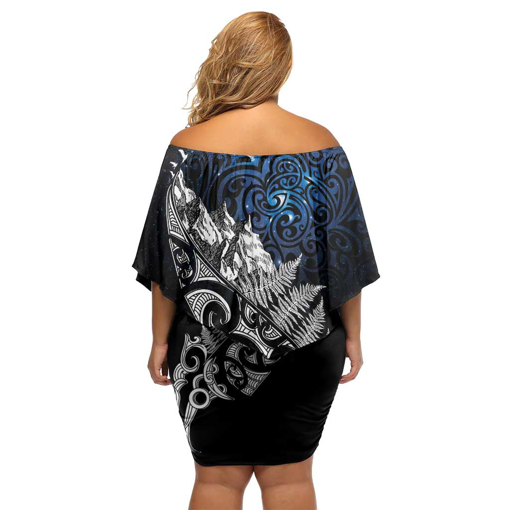 Maori Matariki Off Shoulder Short Dress Landscape Styled Fern - Galaxy LT7 - Polynesian Pride