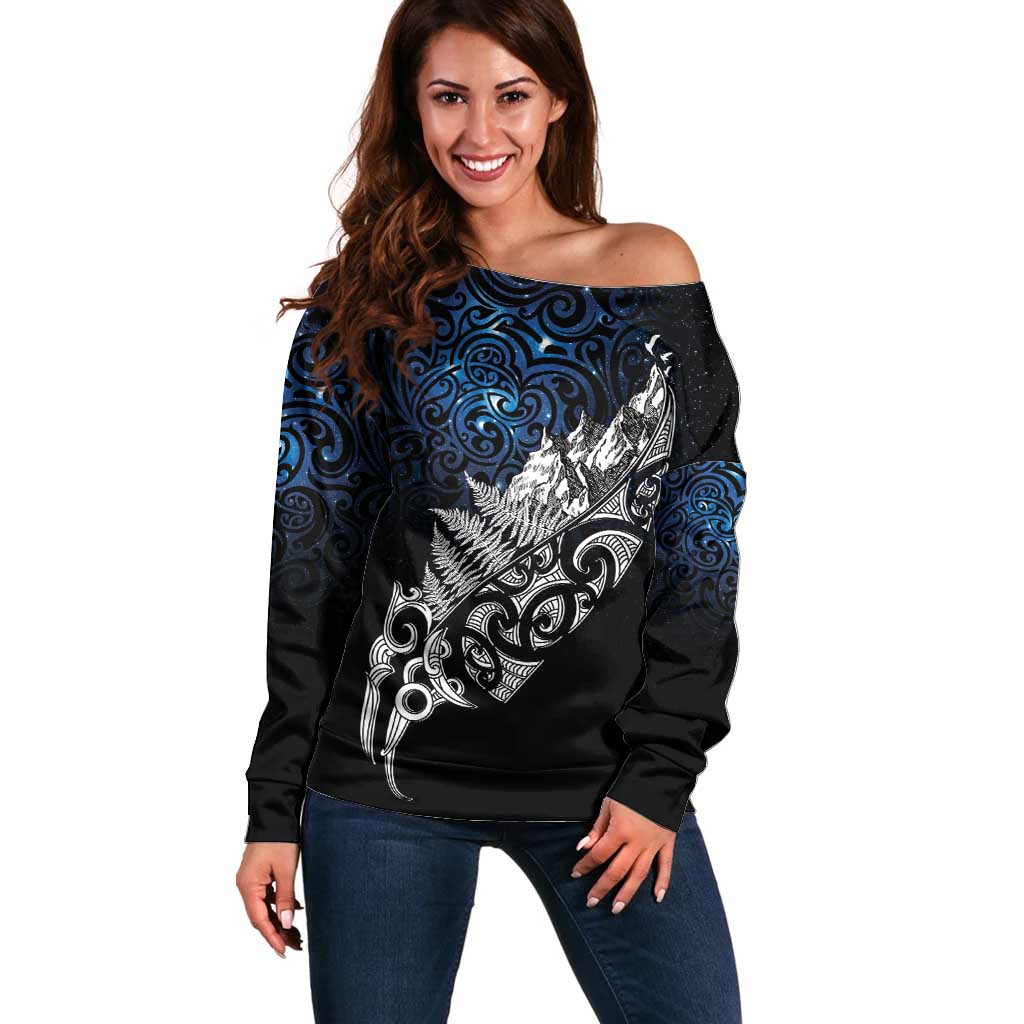 Maori Matariki Off Shoulder Sweater Landscape Styled Fern - Galaxy