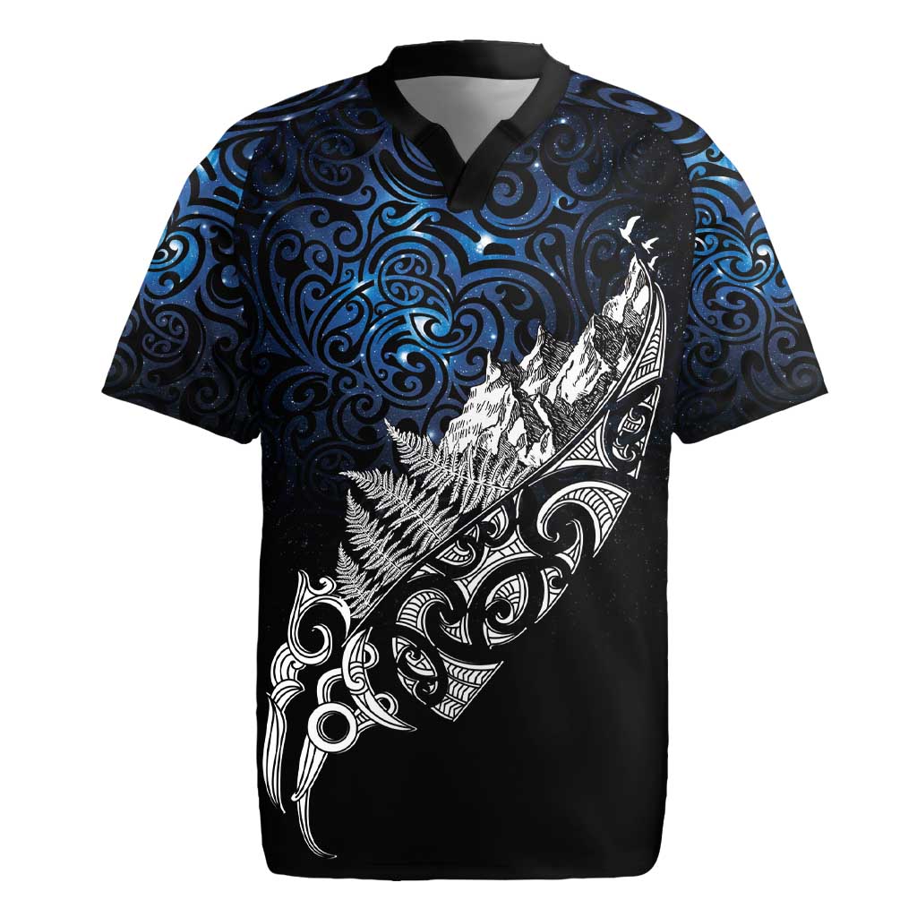 Maori Matariki Rugby Jersey Landscape Styled Fern - Galaxy LT7 Black - Polynesian Pride
