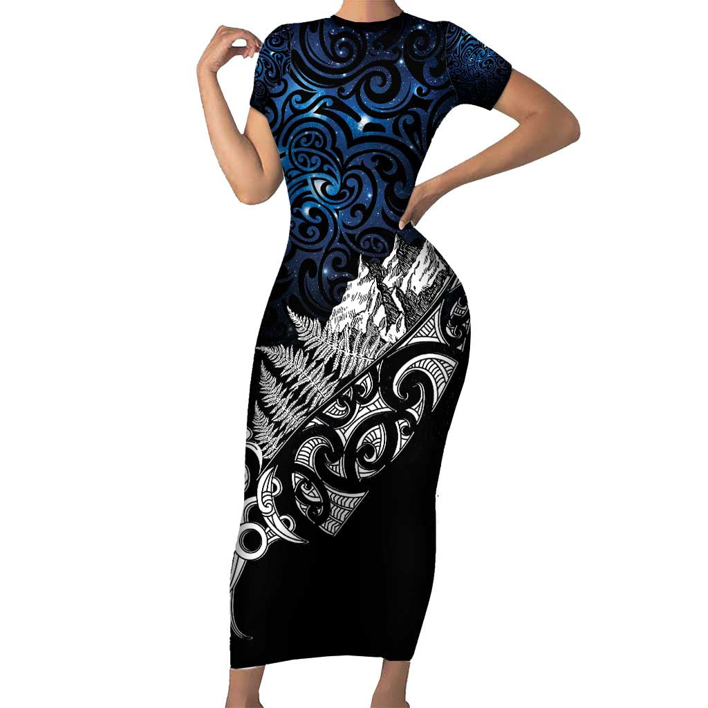 Maori Matariki Short Sleeve Bodycon Dress Landscape Styled Fern - Galaxy