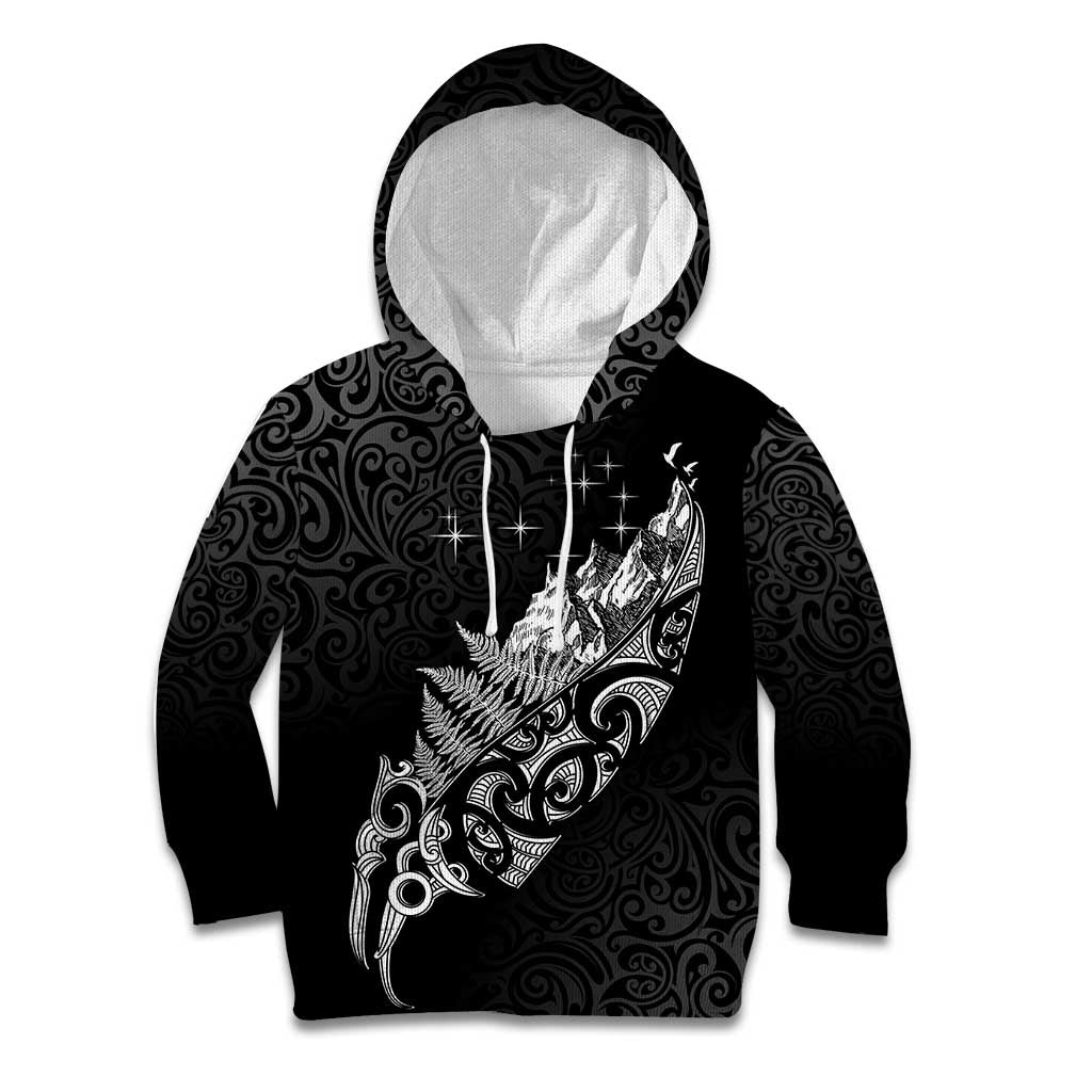 Maori Matariki Kid Hoodie Landscape Styled Fern - Monochrome LT7 Hoodie Black - Polynesian Pride