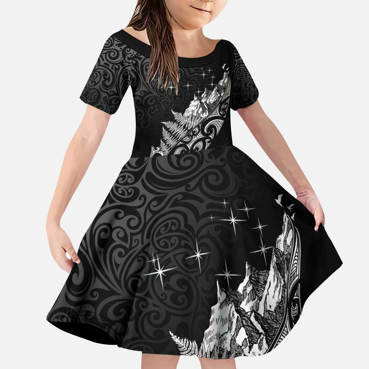 Maori Matariki Kid Short Sleeve Dress Landscape Styled Fern - Monochrome LT7 KID Black - Polynesian Pride