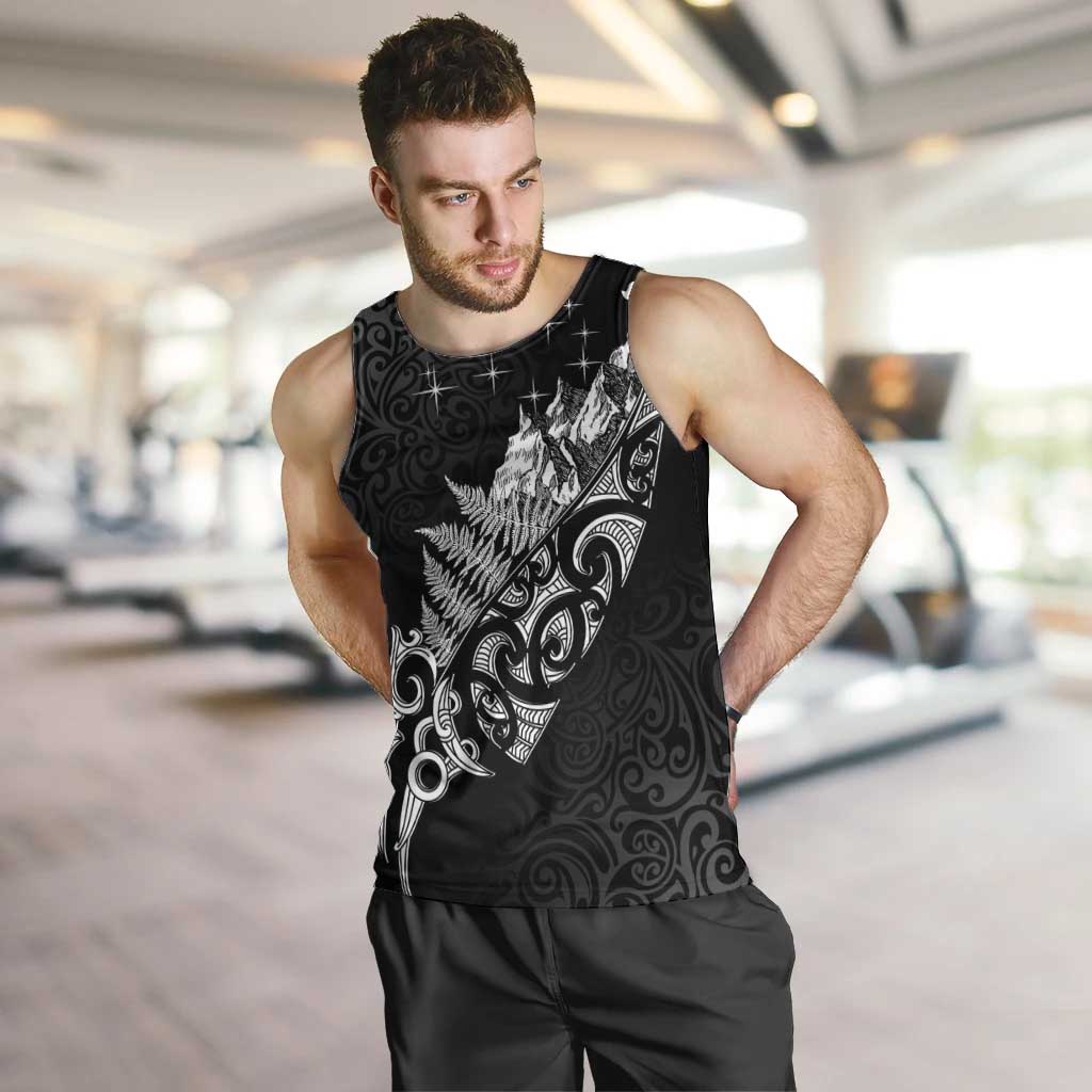 Maori Matariki Men Tank Top Landscape Styled Fern - Monochrome LT7 Black - Polynesian Pride
