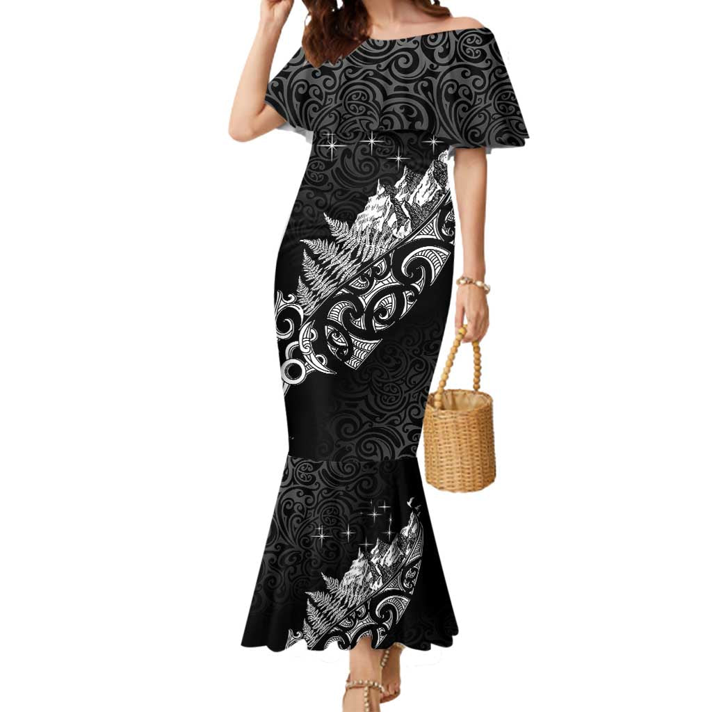 Maori Matariki Mermaid Dress Landscape Styled Fern - Monochrome