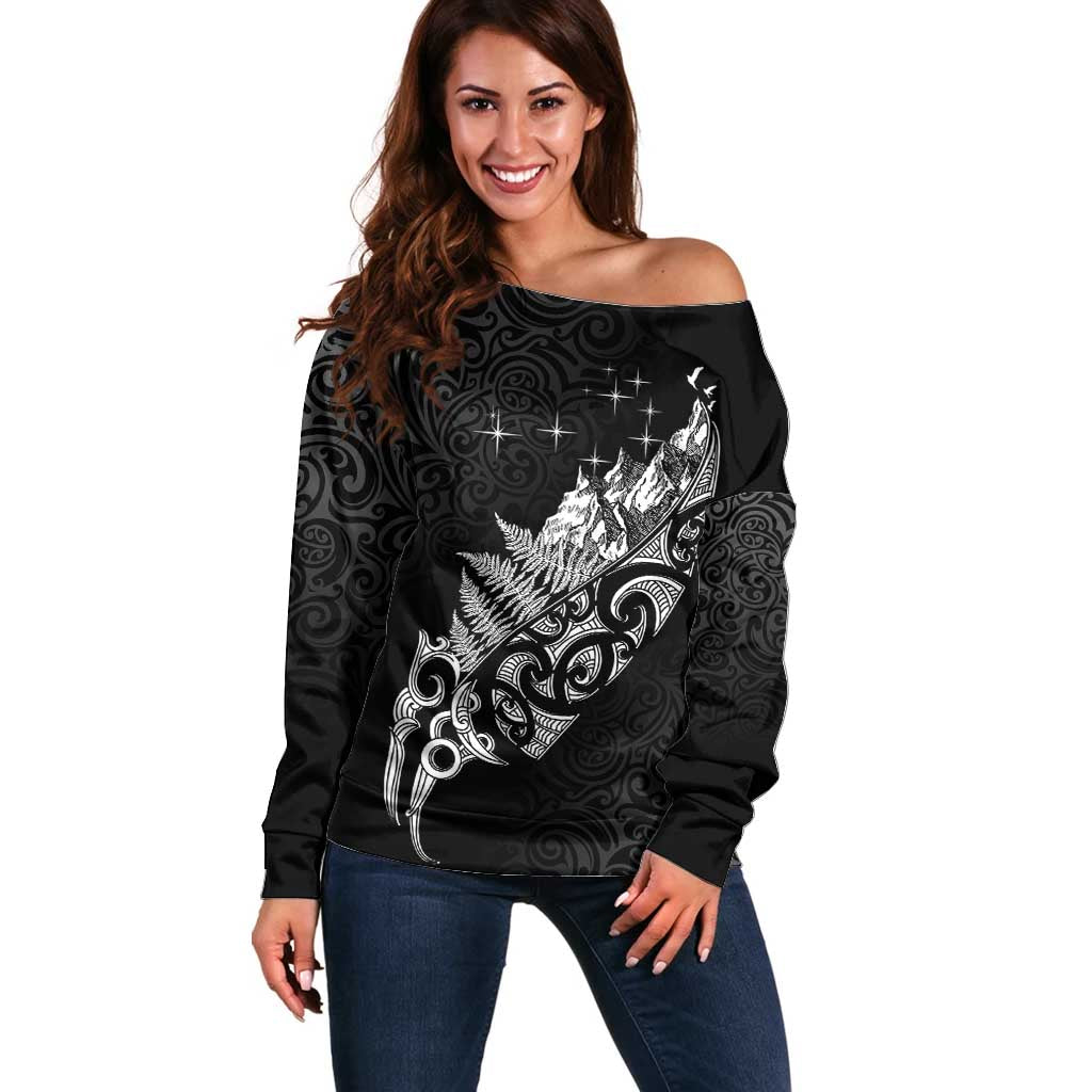 Maori Matariki Off Shoulder Sweater Landscape Styled Fern - Monochrome