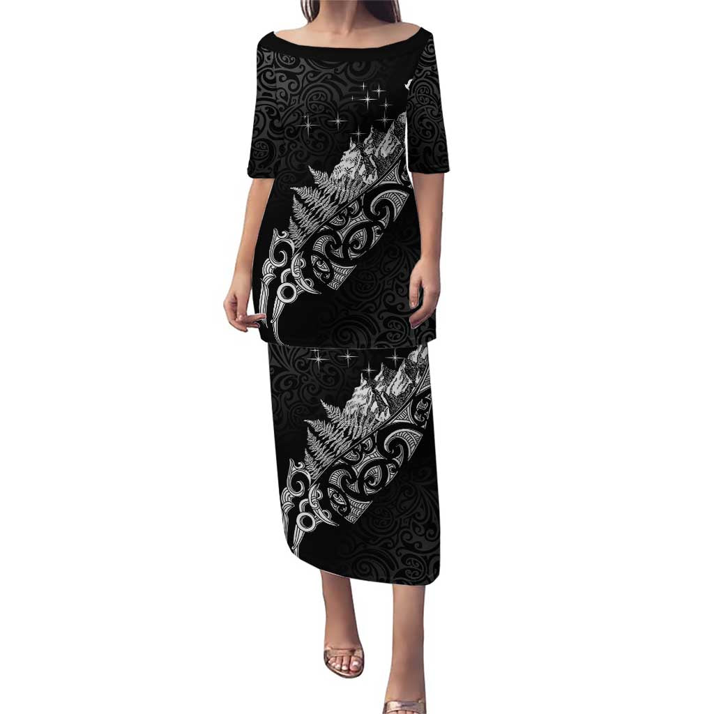 Maori Matariki Puletasi Landscape Styled Fern - Monochrome LT7 Long Dress Black - Polynesian Pride