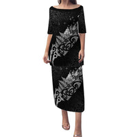 Maori Matariki Puletasi Landscape Styled Fern - Monochrome LT7 Long Dress Black - Polynesian Pride