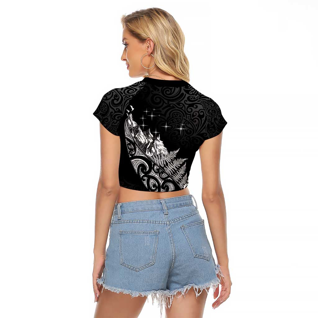 Maori Matariki Raglan Cropped T Shirt Landscape Styled Fern - Monochrome LT7 - Polynesian Pride