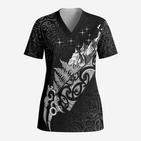 Maori Matariki Scrub Top Landscape Styled Fern - Monochrome LT7 Adult Black - Polynesian Pride