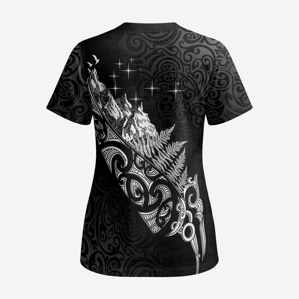 Maori Matariki Scrub Top Landscape Styled Fern - Monochrome LT7 - Polynesian Pride