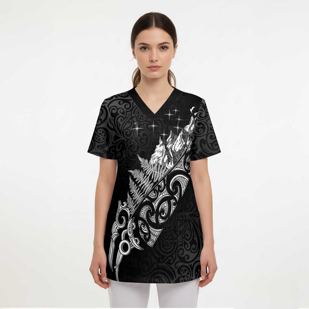Maori Matariki Scrub Top Landscape Styled Fern - Monochrome LT7 - Polynesian Pride