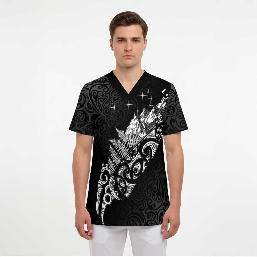Maori Matariki Scrub Top Landscape Styled Fern - Monochrome LT7 - Polynesian Pride