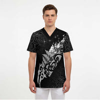 Maori Matariki Scrub Top Landscape Styled Fern - Monochrome LT7 - Polynesian Pride