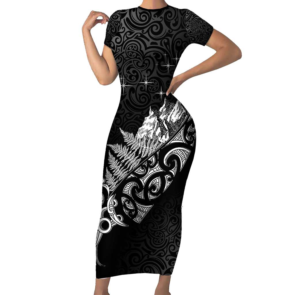 Maori Matariki Short Sleeve Bodycon Dress Landscape Styled Fern - Monochrome LT7 Long Dress Black - Polynesian Pride