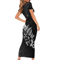Maori Matariki Short Sleeve Bodycon Dress Landscape Styled Fern - Monochrome LT7 - Polynesian Pride