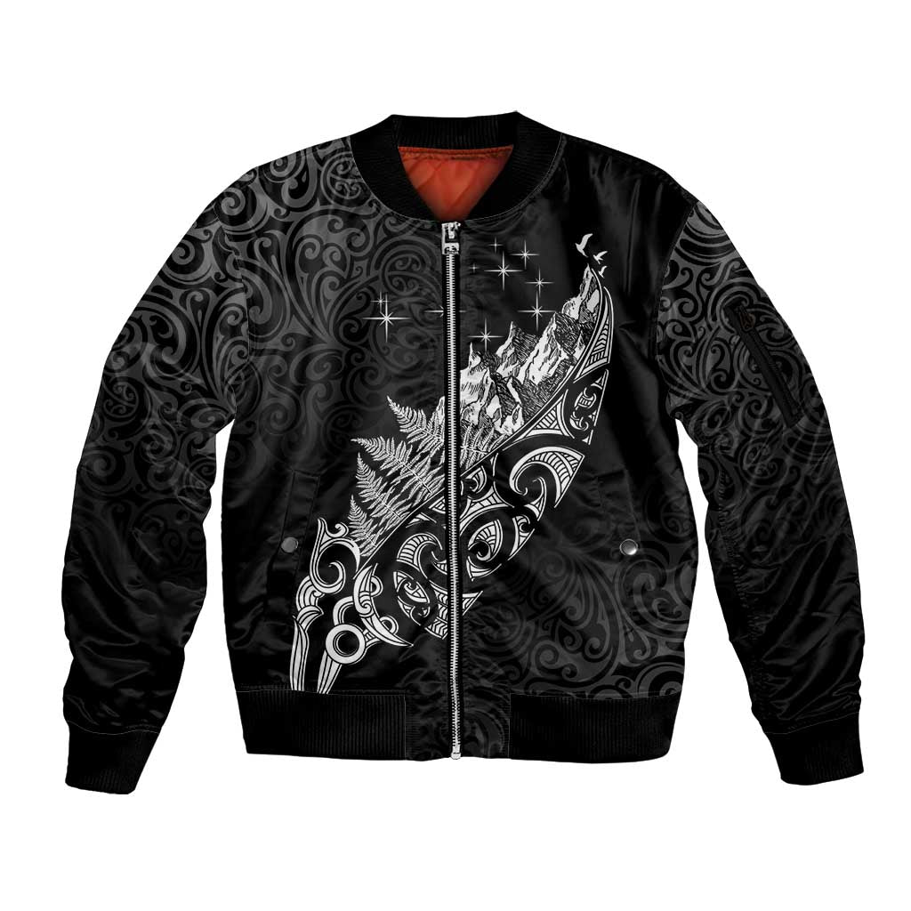 Maori Matariki Sleeve Zip Bomber Jacket Landscape Styled Fern - Monochrome LT7 Unisex Black - Polynesian Pride